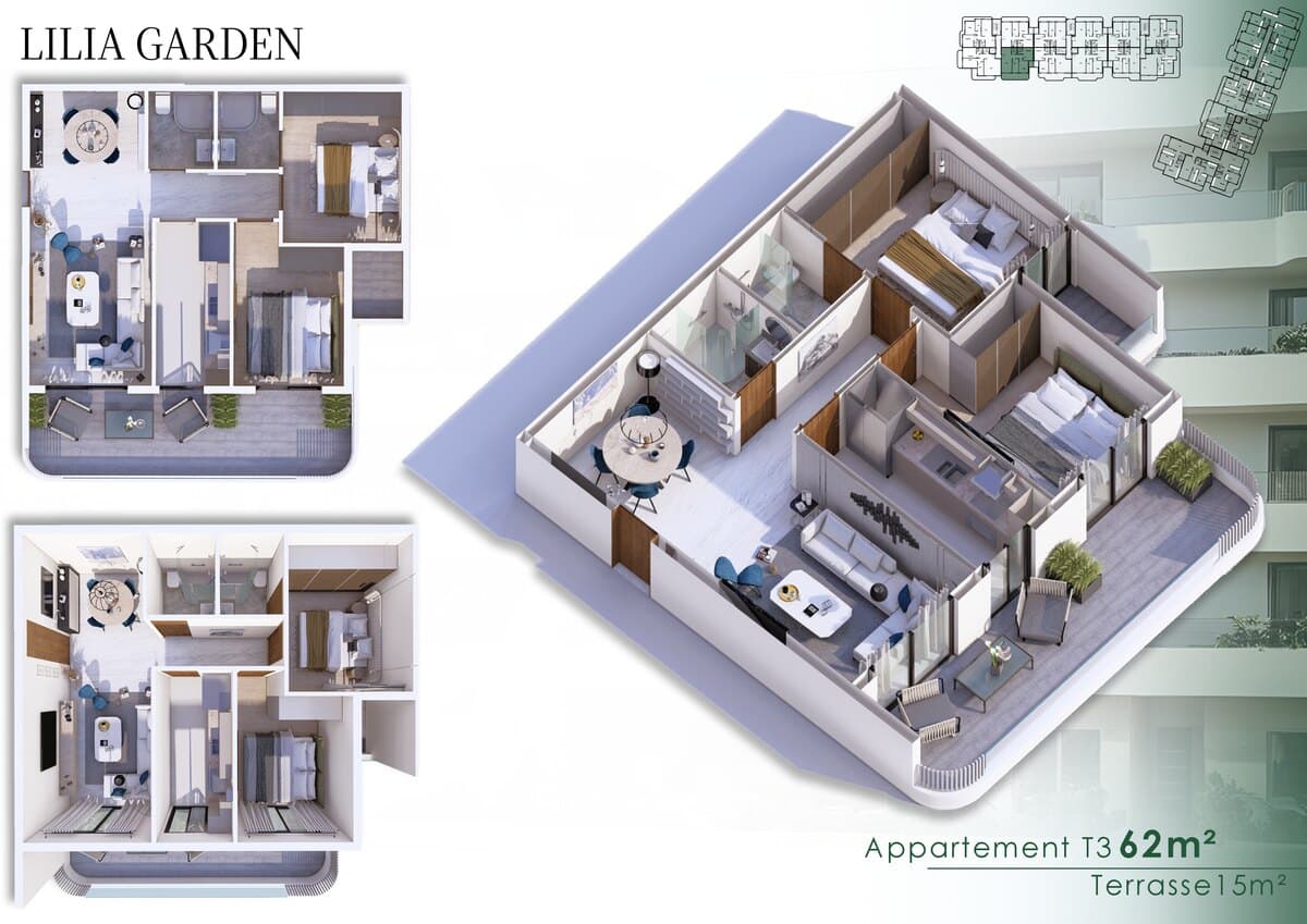 Appartement T3 · 62 m² · Terrasse 15 m²