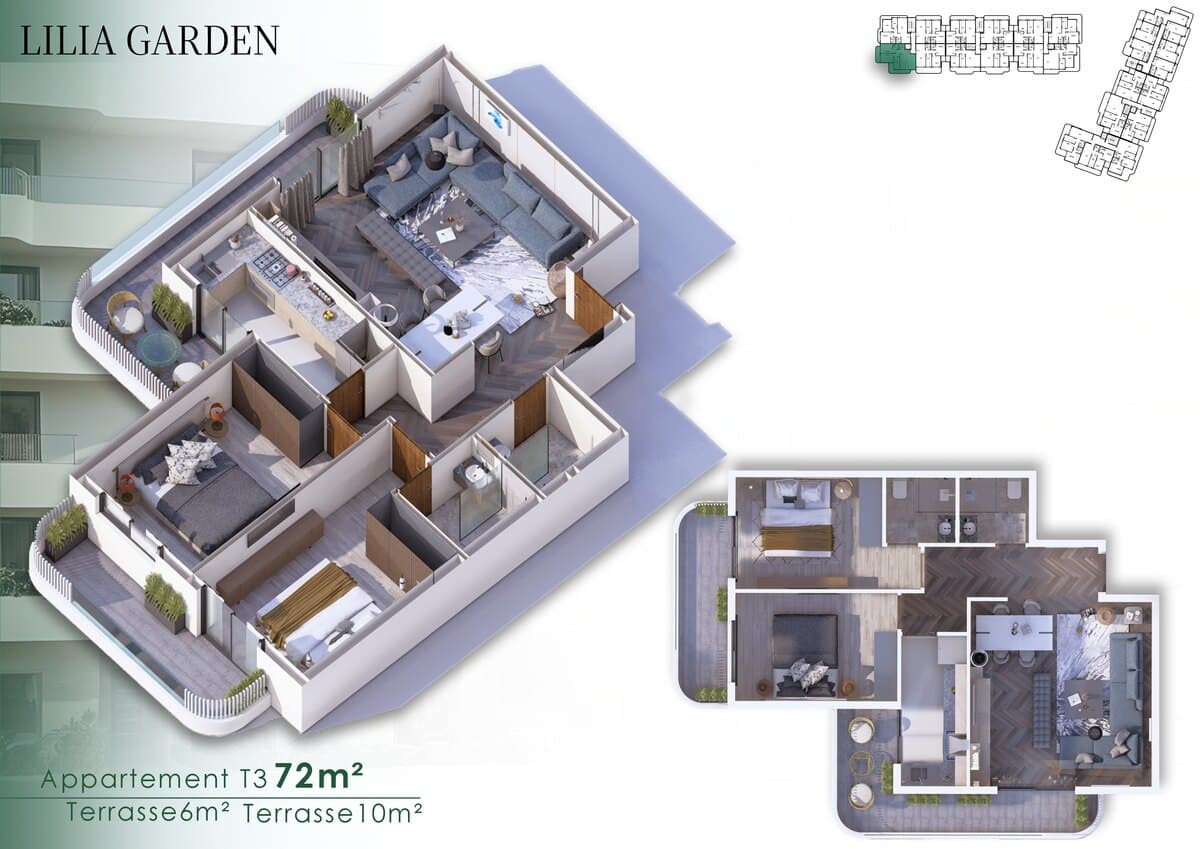 Appartement T3 · 72 m² · Terrasse 6 + 10 m²