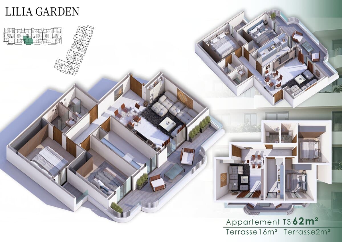 Appartement T3 · 62 m² · Terrasse 16 + 2 m²