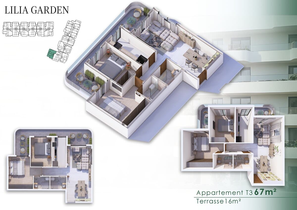 Appartement T3 · 67 m² · Terrasse 16 m²
