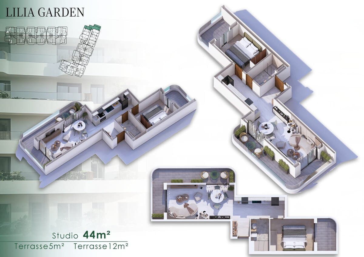 Studio · 44 m² · Terrasse 5 + 12 m²